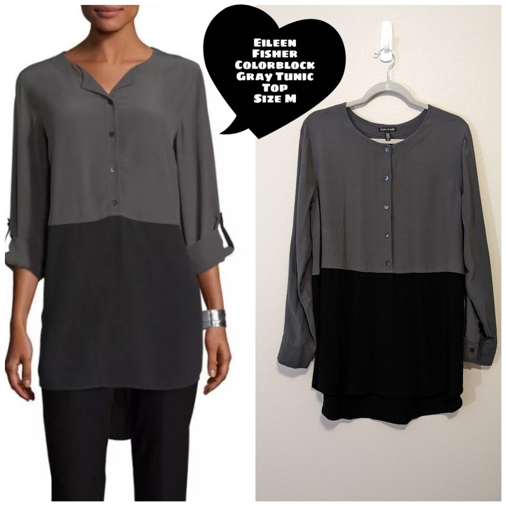 Eileen Fisher Colorblock Gray and Black Button Down Tunic Top Sz M